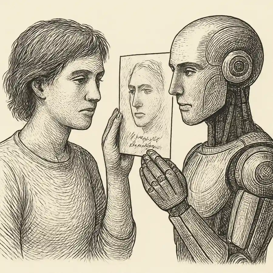 La IA me devuelve la cara — ilustración Ilustración en grabado sobre La IA me devuelve la cara