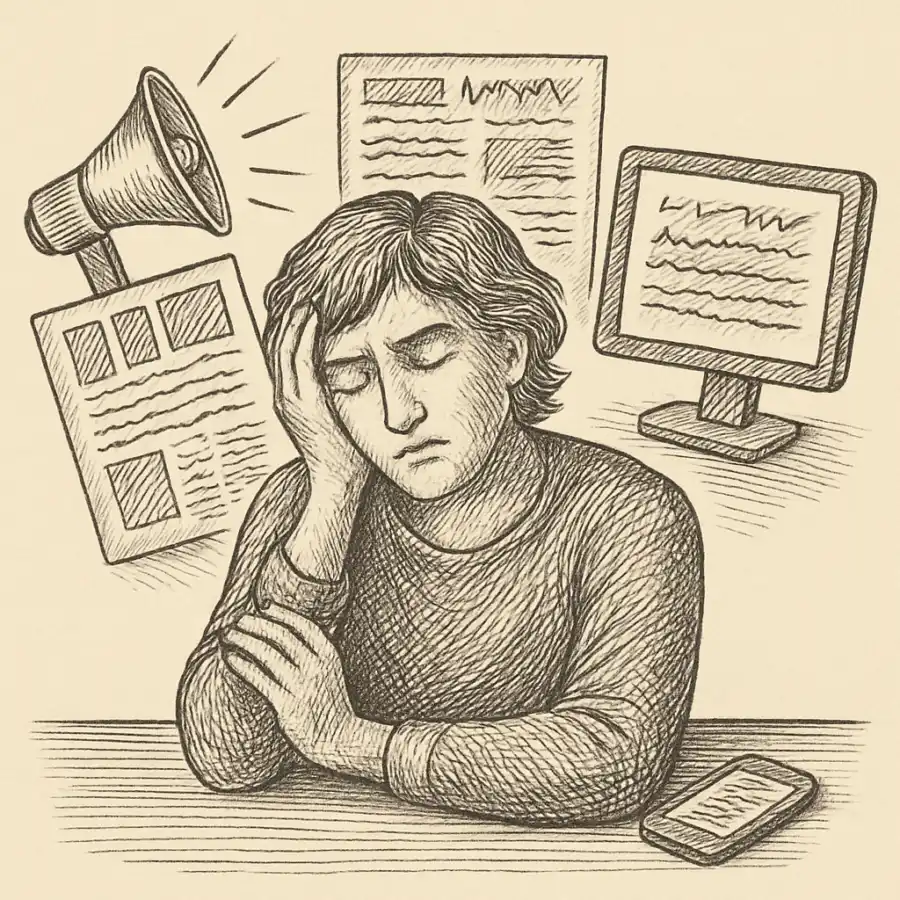 Ser “informado” me estaba enfermando — ilustración Ilustración en grabado sobre Ser “informado” me estaba enfermando