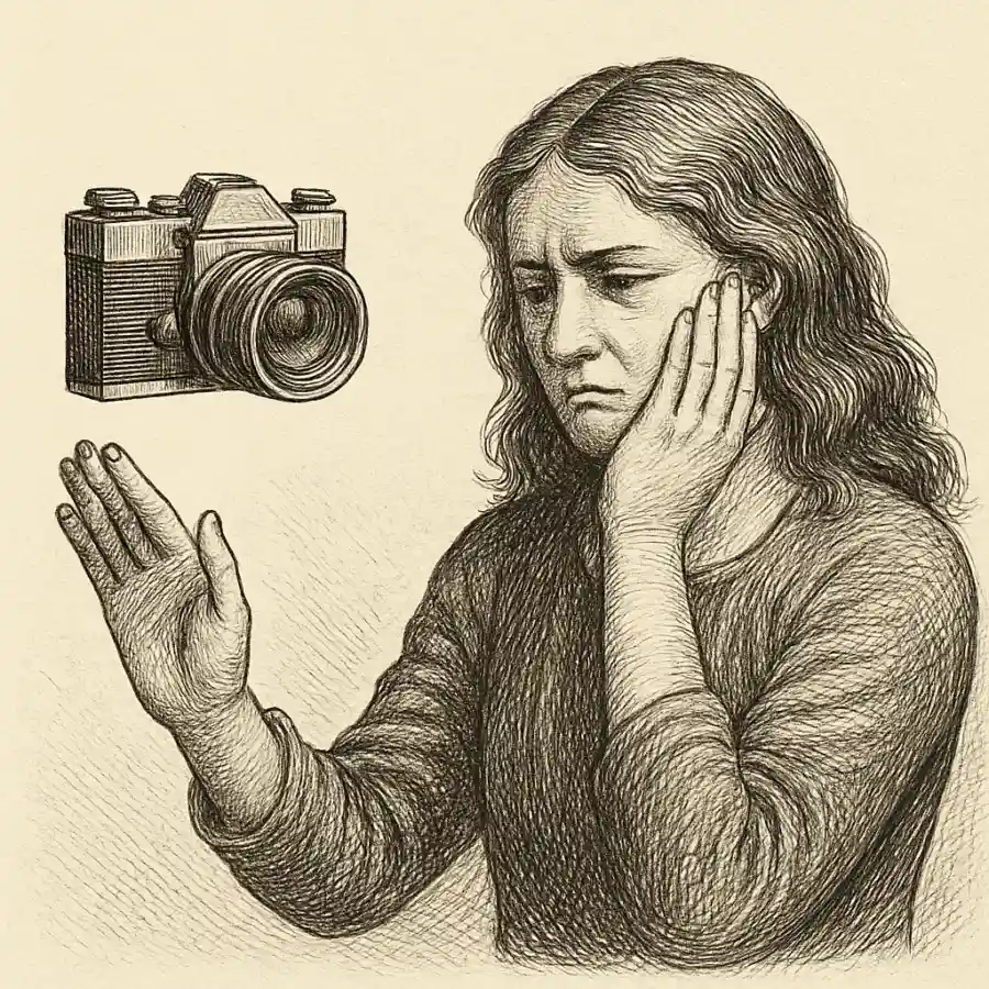 La cámara me empezó a caer mal — ilustración Ilustración en grabado sobre La cámara me empezó a caer mal