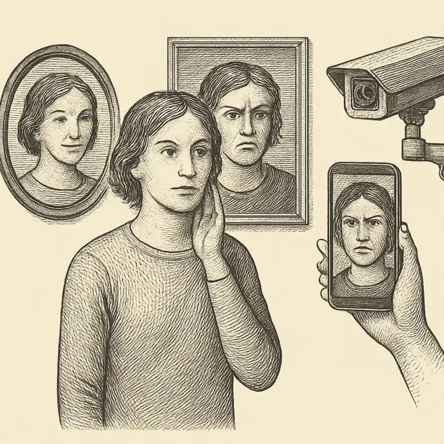 Ilustración en grabado sobre Mi cara cambia según quién me mire