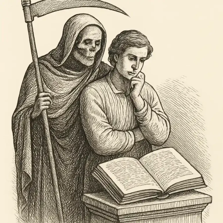 Ilustración en grabado sobre La muerte también protege