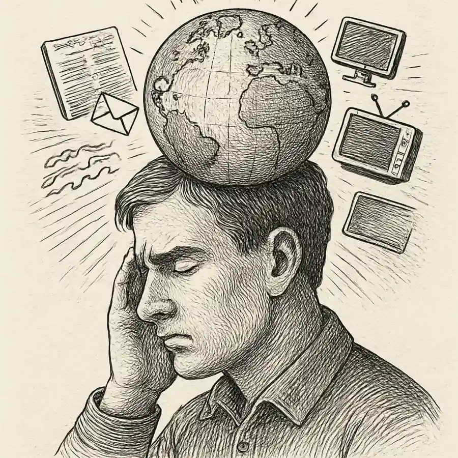 Demasiado mundo en la cabeza — ilustración Ilustración en grabado sobre Demasiado mundo en la cabeza