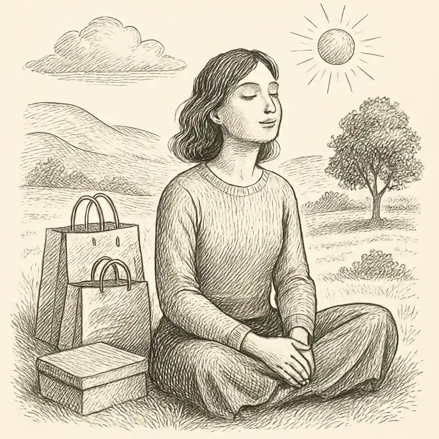 Comprar menos también libera — ilustración Ilustración en grabado sobre Comprar menos también libera