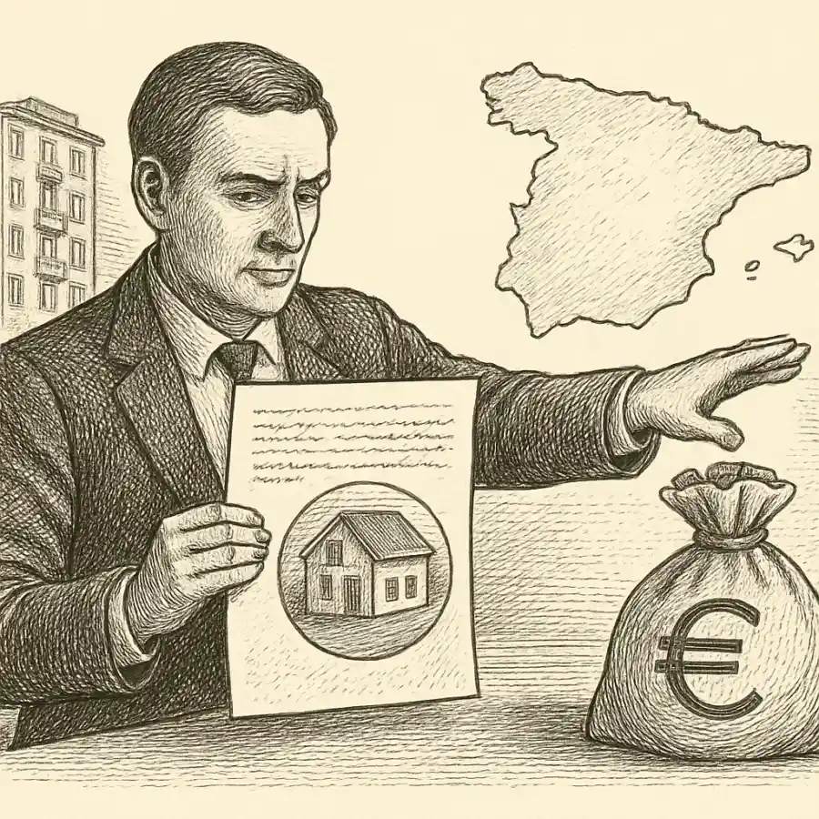 Ilustración en grabado sobre La solución al problema de la vivienda en España
