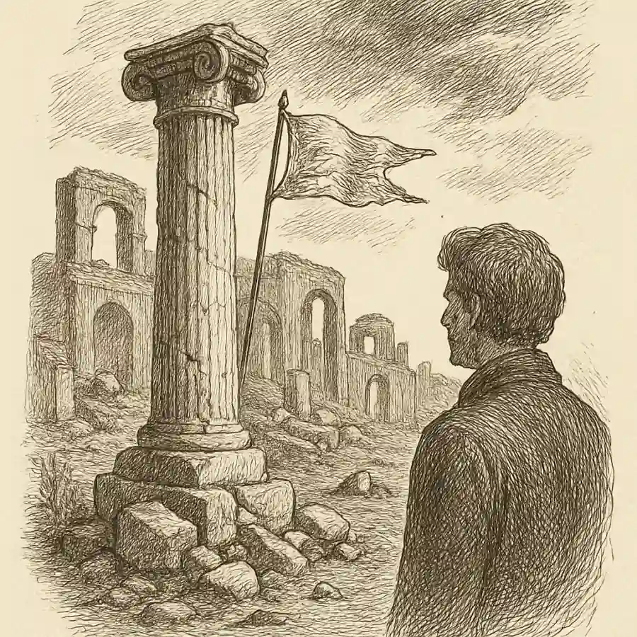 Ruinas con aire de advertencia — ilustración Ilustración en grabado sobre Ruinas con aire de advertencia