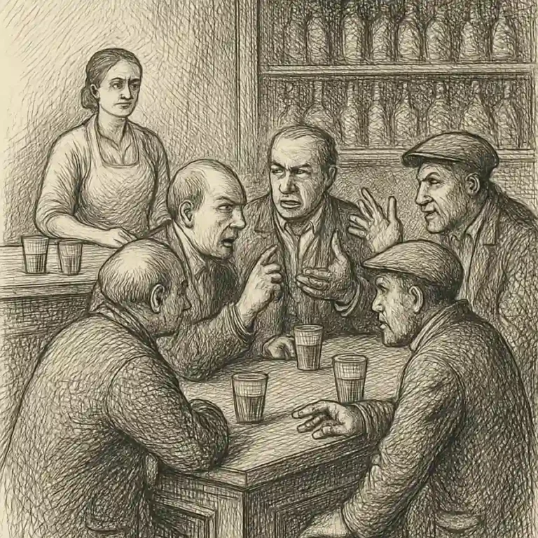 Ilustración en grabado sobre El parlamento del mostrador