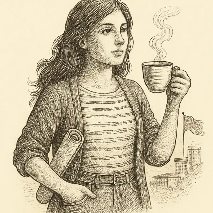 Con café en mano y esperanza en el bolsillo — ilustración Ilustración en grabado sobre Con café en mano y esperanza en el bolsillo