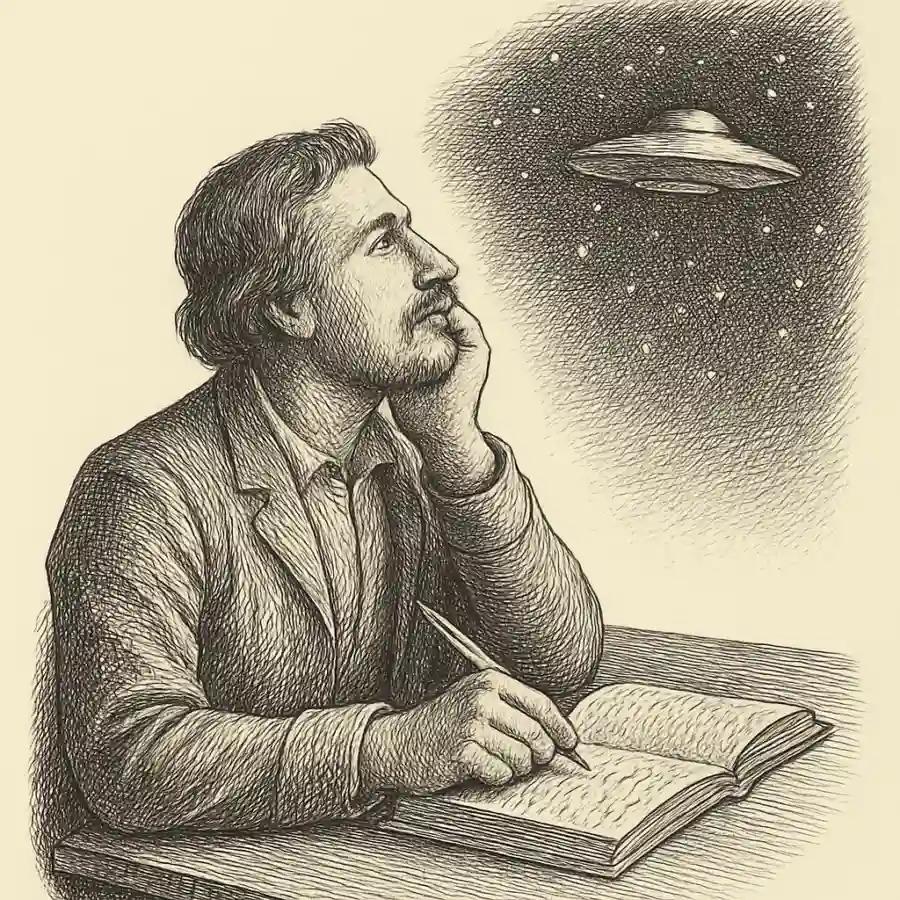 Ilustración en grabado sobre Mi teoría sobre los extraterrestres