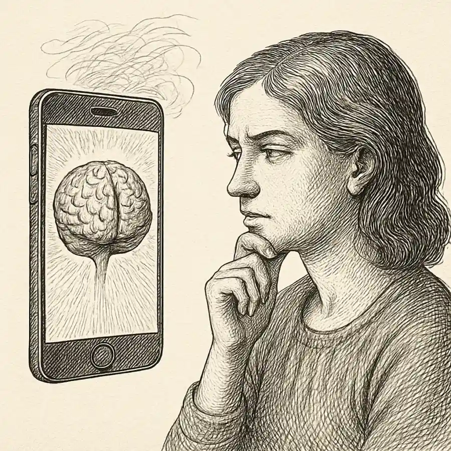 El teléfono piensa, ¿y nosotros qué somos? — ilustración Ilustración en grabado sobre El teléfono piensa, ¿y nosotros qué somos?