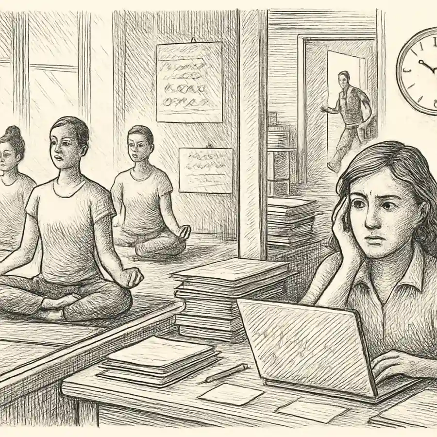 Ilustración en grabado sobre El taller de yoga a las 7 am