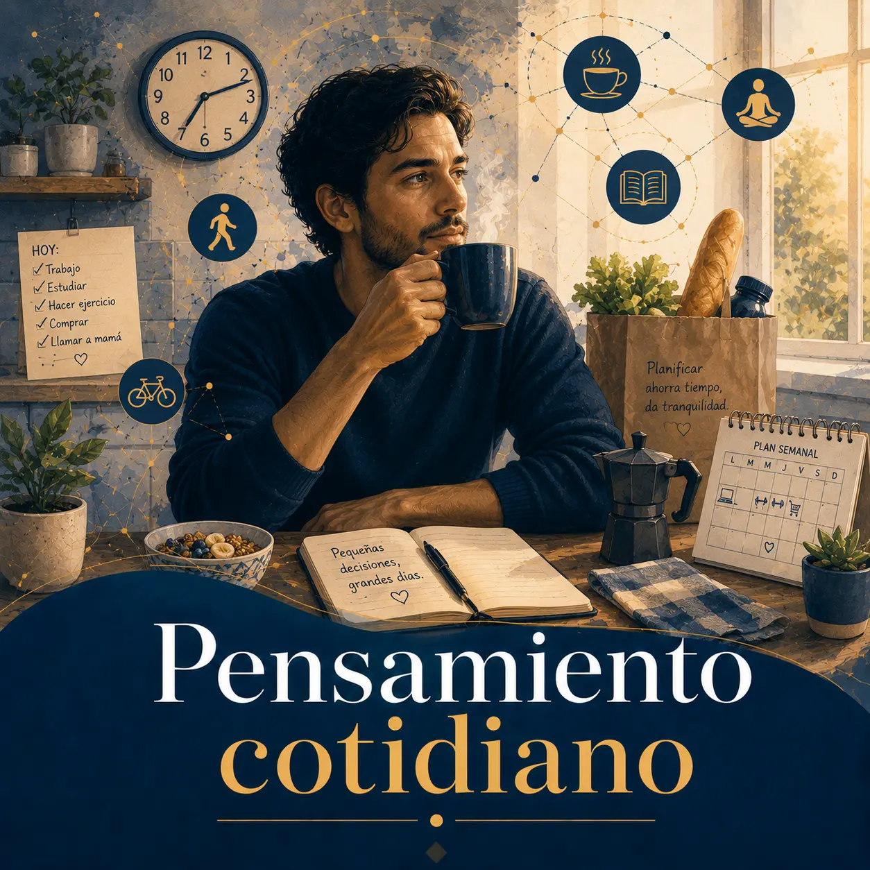 Pensamiento cotidiano Persona tomando café en una mesa con agenda, lista de tareas e iconos de hábitos cotidianos.