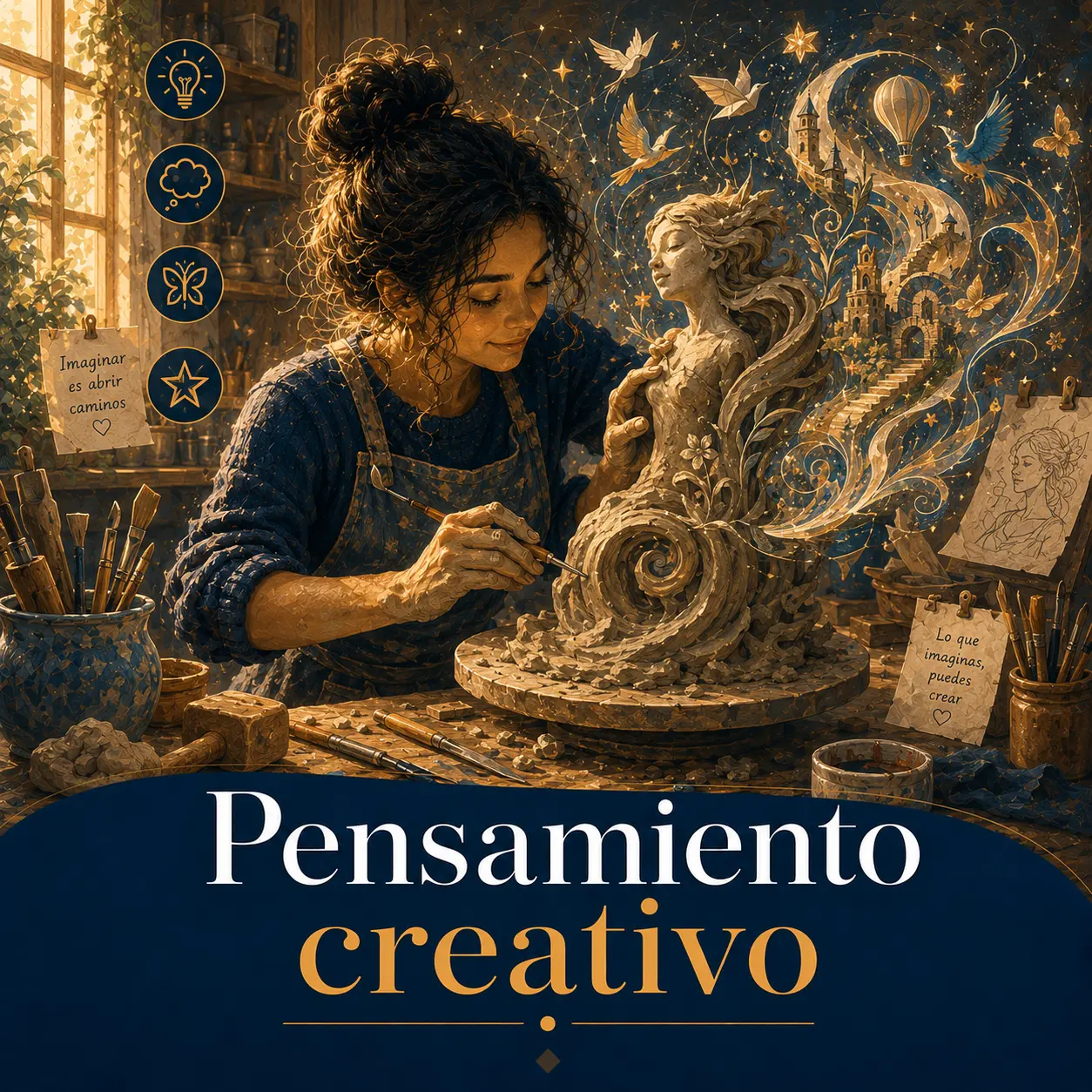 Pensamiento creativo Mujer joven esculpiendo una figura mientras de la obra surgen pájaros, estrellas y mundos imaginarios.