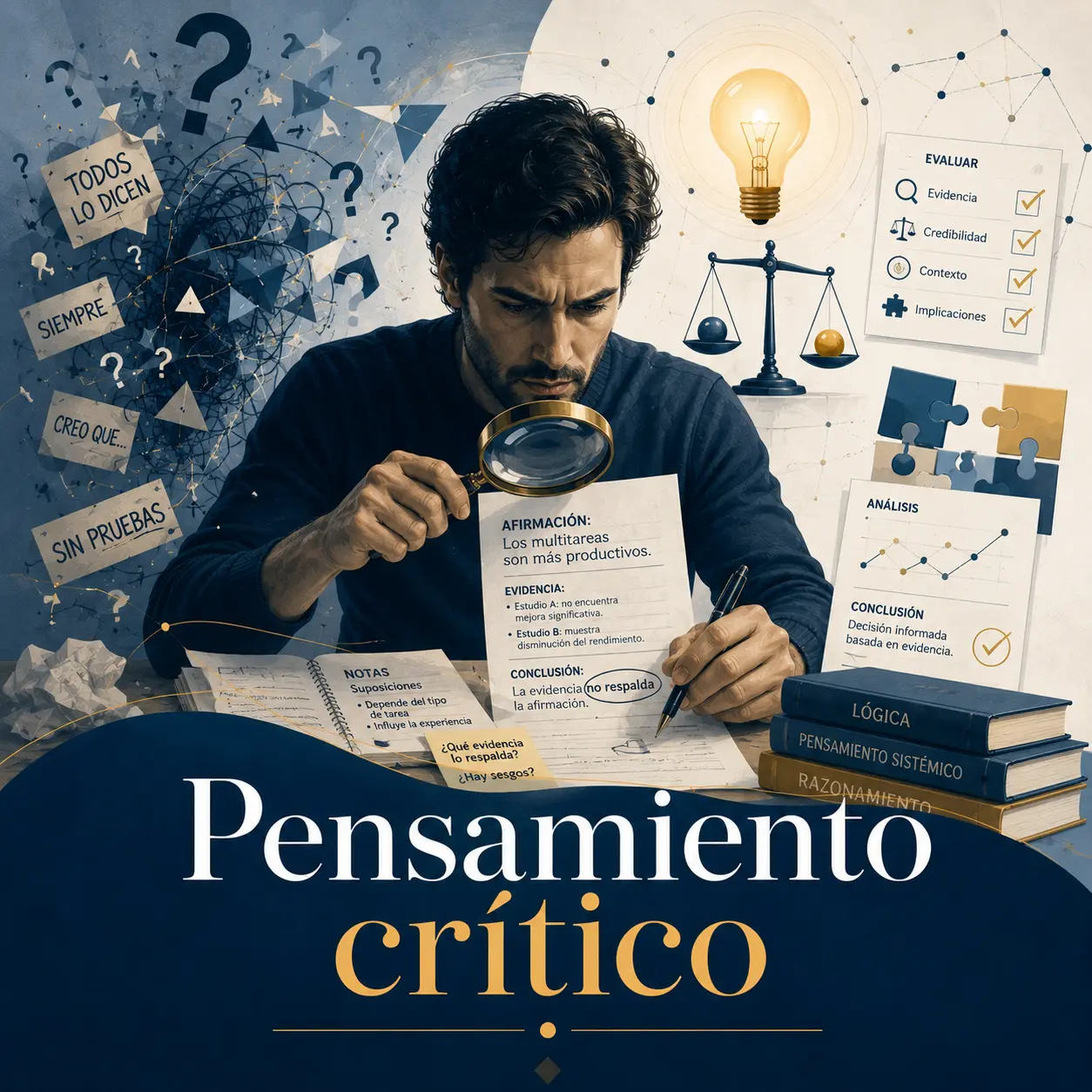 Pensamiento crítico Persona analizando una afirmación con lupa, notas, pruebas, dudas y símbolos de evaluación.