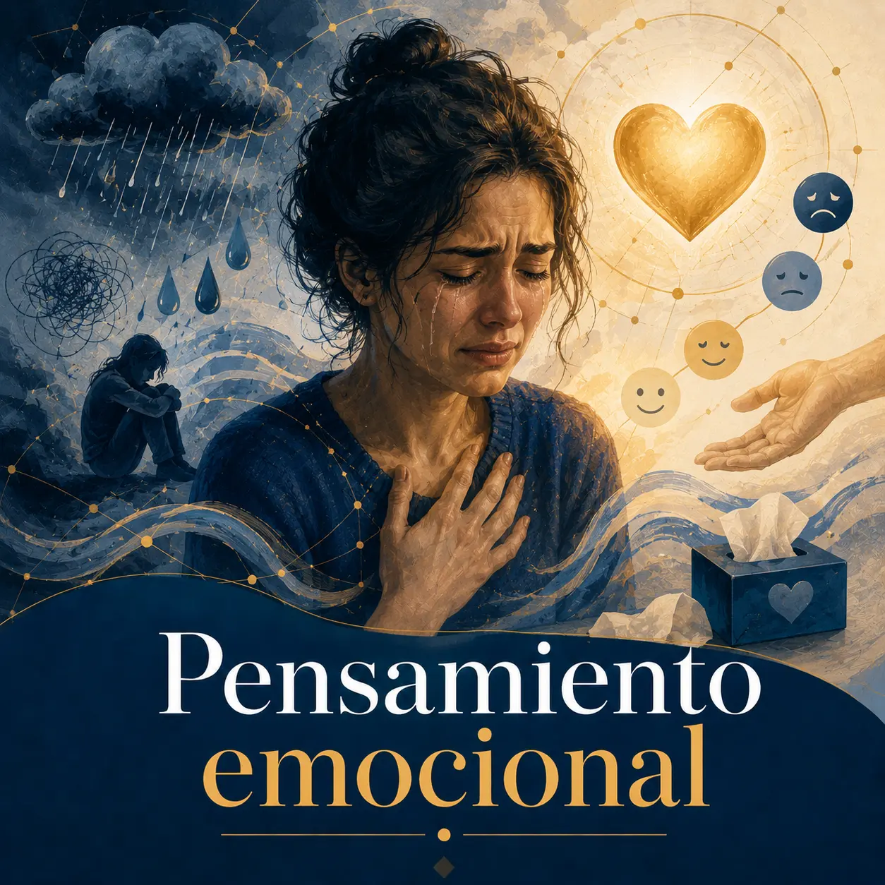 Mujer llorando entre una tormenta interior y una luz cálida con símbolos de emociones y apoyo.
