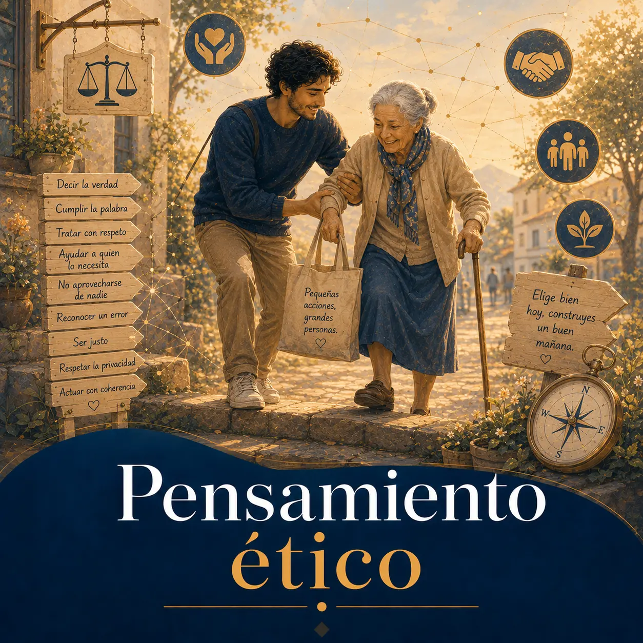 Pensamiento ético Joven ayudando a una mujer mayor a caminar junto a señales con comportamientos éticos.