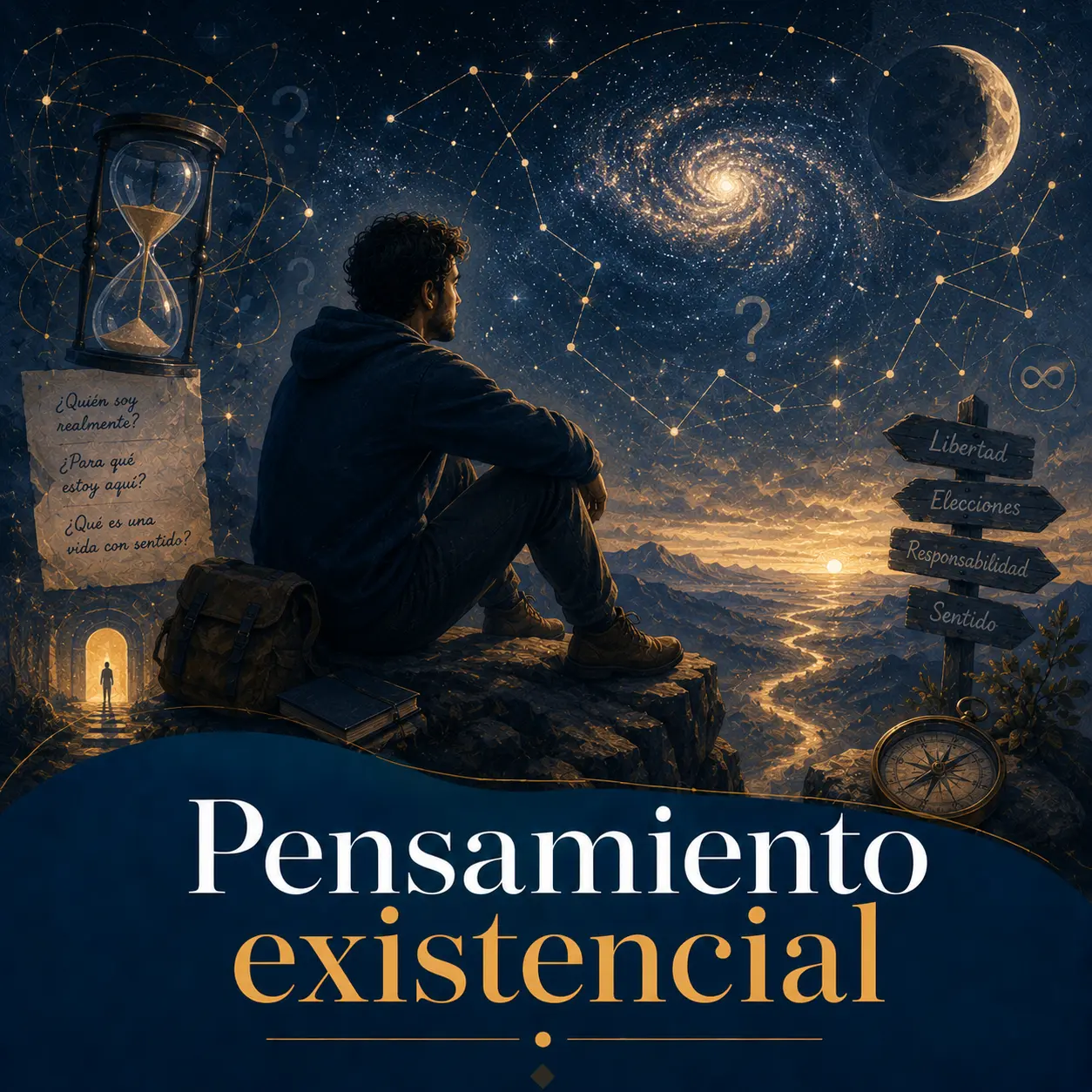 Pensamiento existencial Persona sentada en una montaña contemplando el universo, el tiempo y preguntas sobre el sentido de la vida.