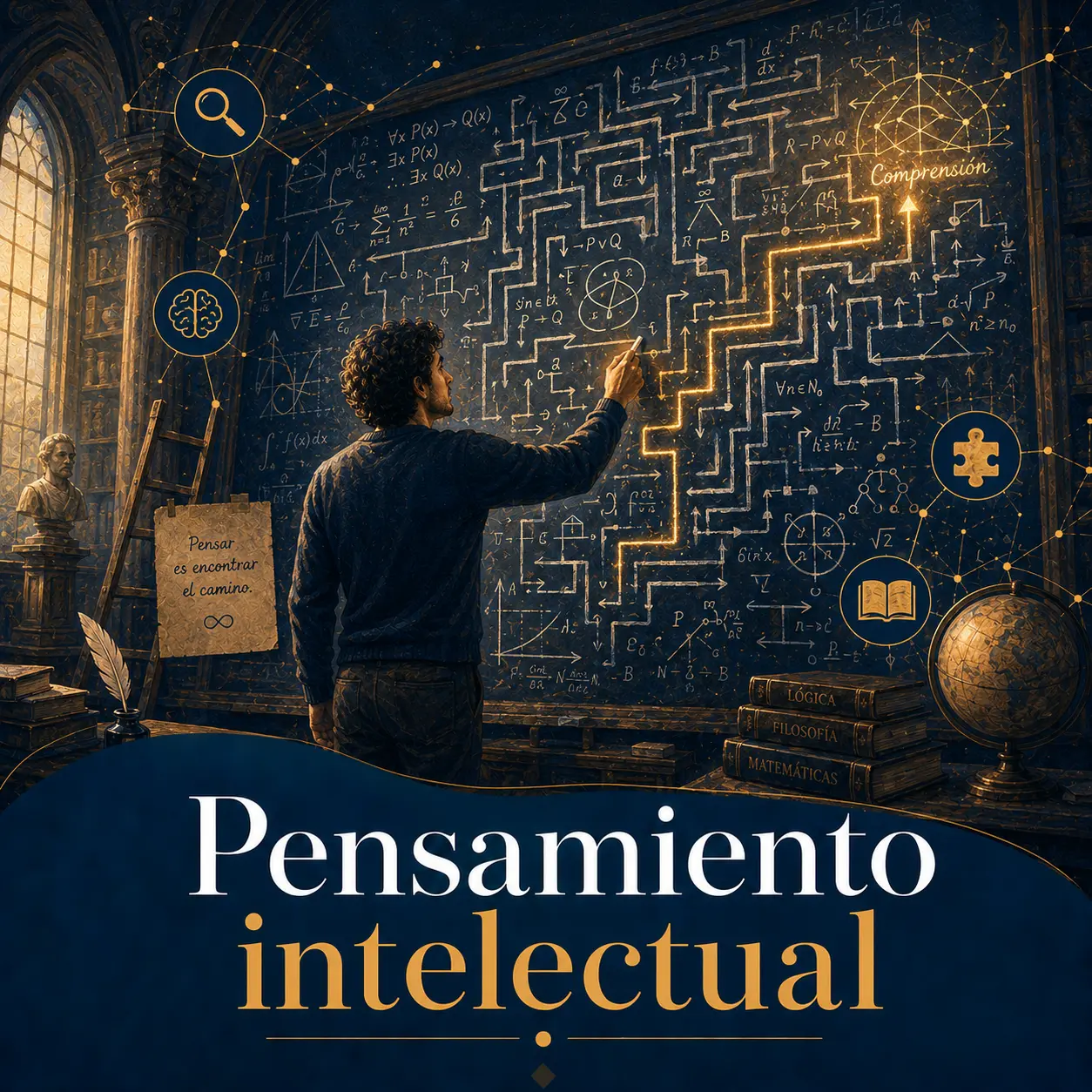 Pensamiento intelectual Persona resolviendo un laberinto matemático en una pizarra gigante dentro de una universidad antigua.