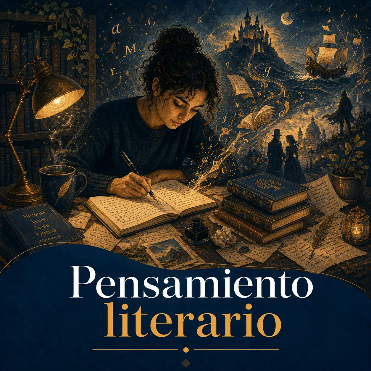Pensamiento literario Mujer escribiendo en un cuaderno mientras de sus palabras surgen letras, libros y escenas imaginarias.