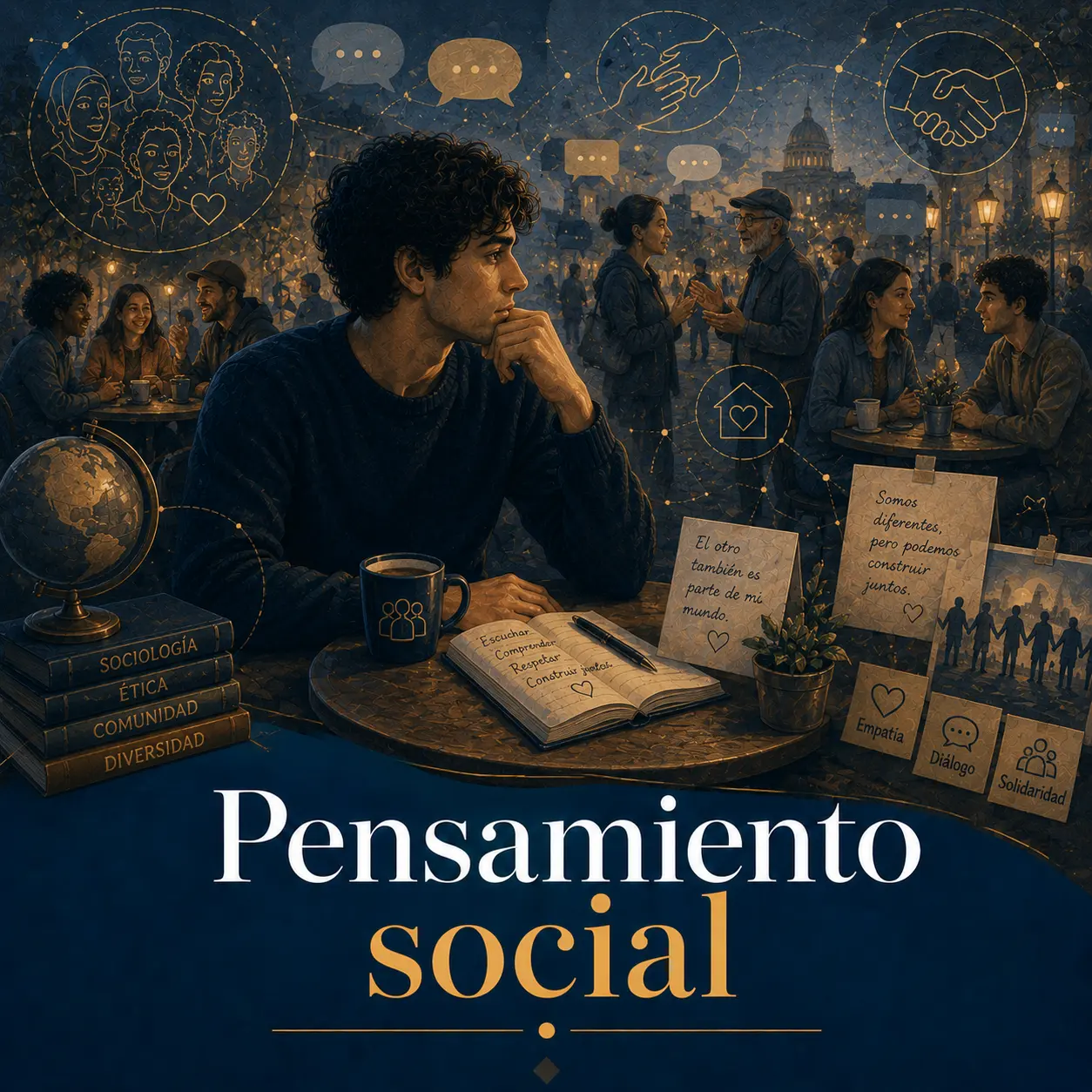 Pensamiento social Persona observando conversaciones y grupos diversos en una plaza con símbolos de comunidad y diálogo.