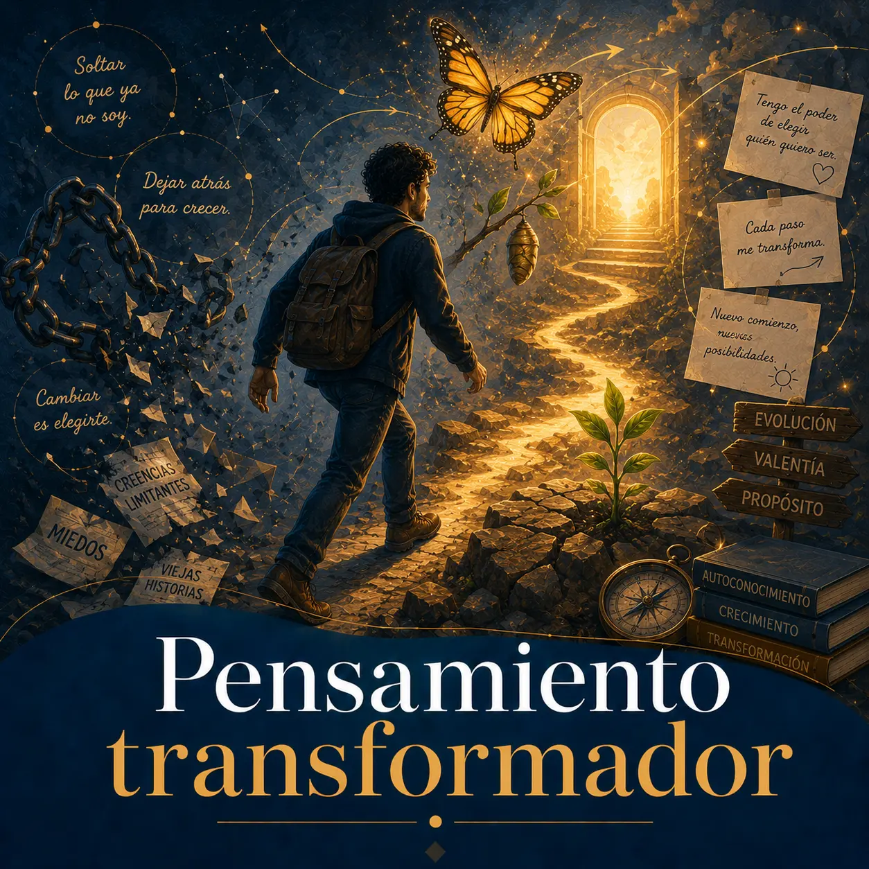 Pensamiento transformador Persona caminando hacia una puerta luminosa mientras deja atrás cadenas, miedos y creencias limitantes.