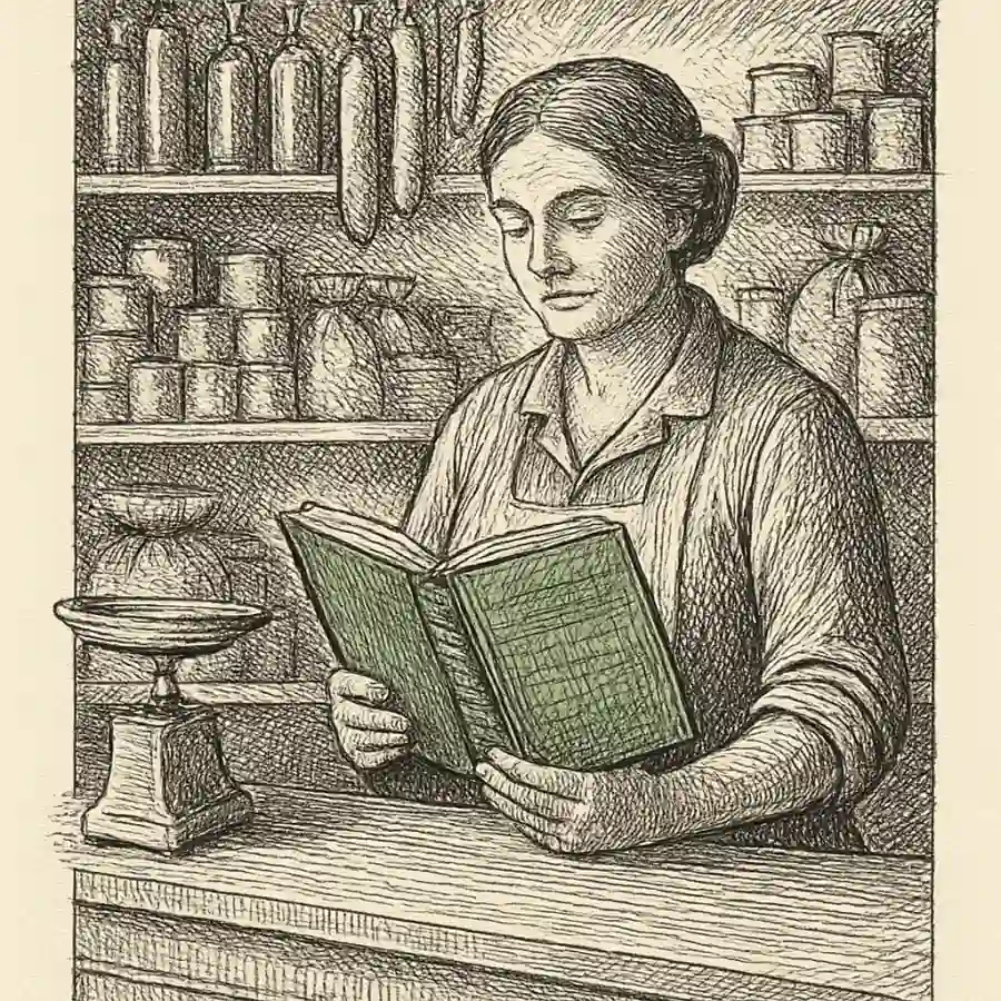 Ilustración en grabado sobre La libreta verde detrás del mostrador