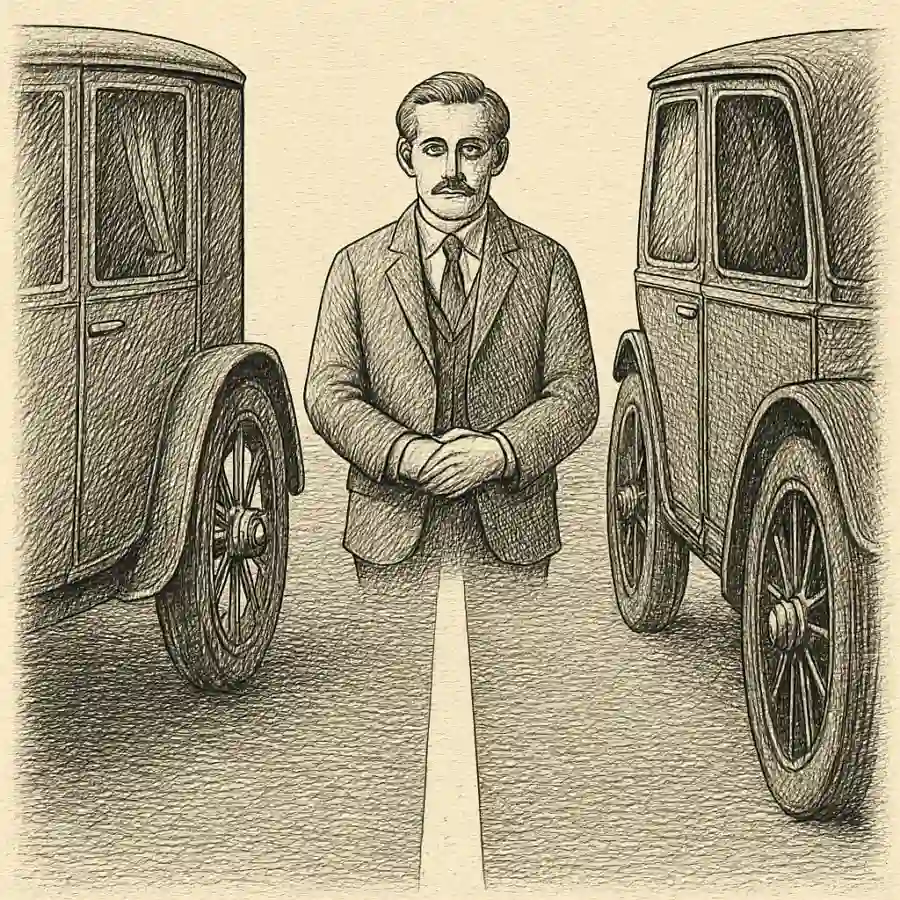 Ilustración en grabado sobre La raya blanca entre dos carros