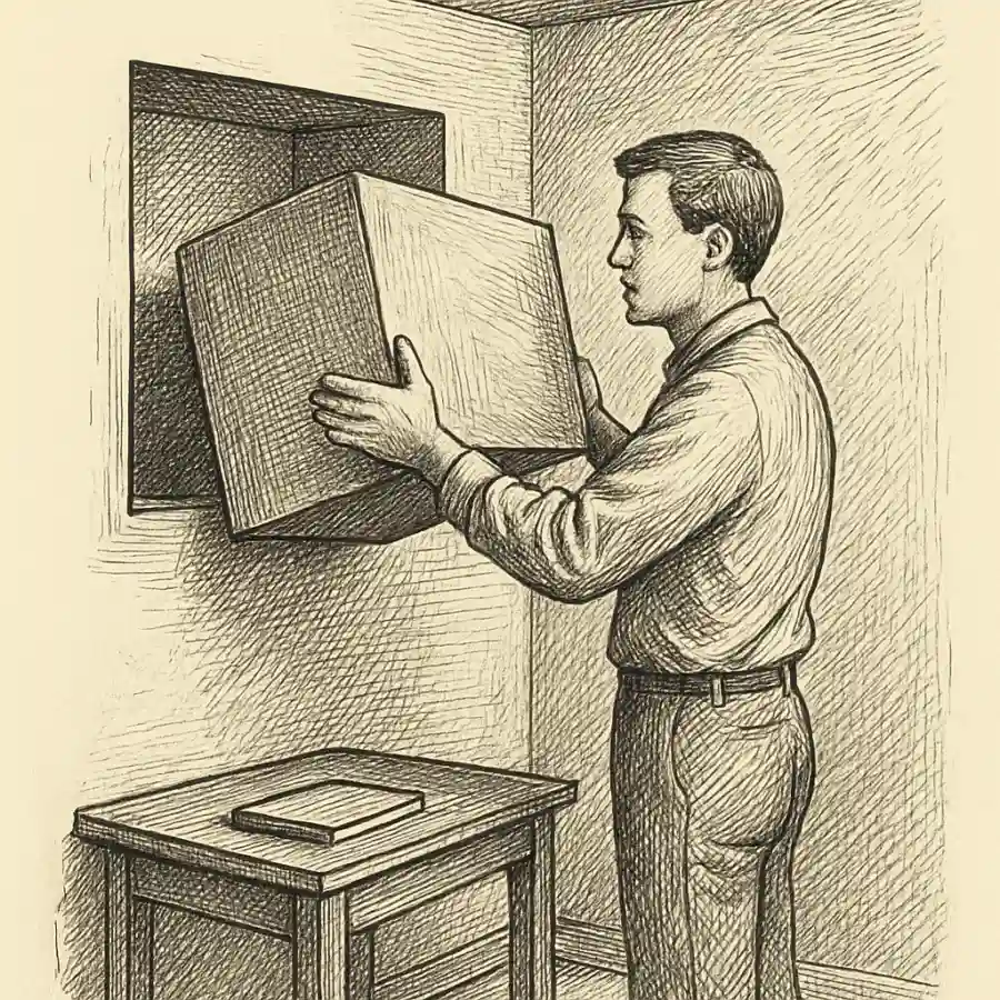 Ilustración en grabado sobre La pieza que entraba en una caja