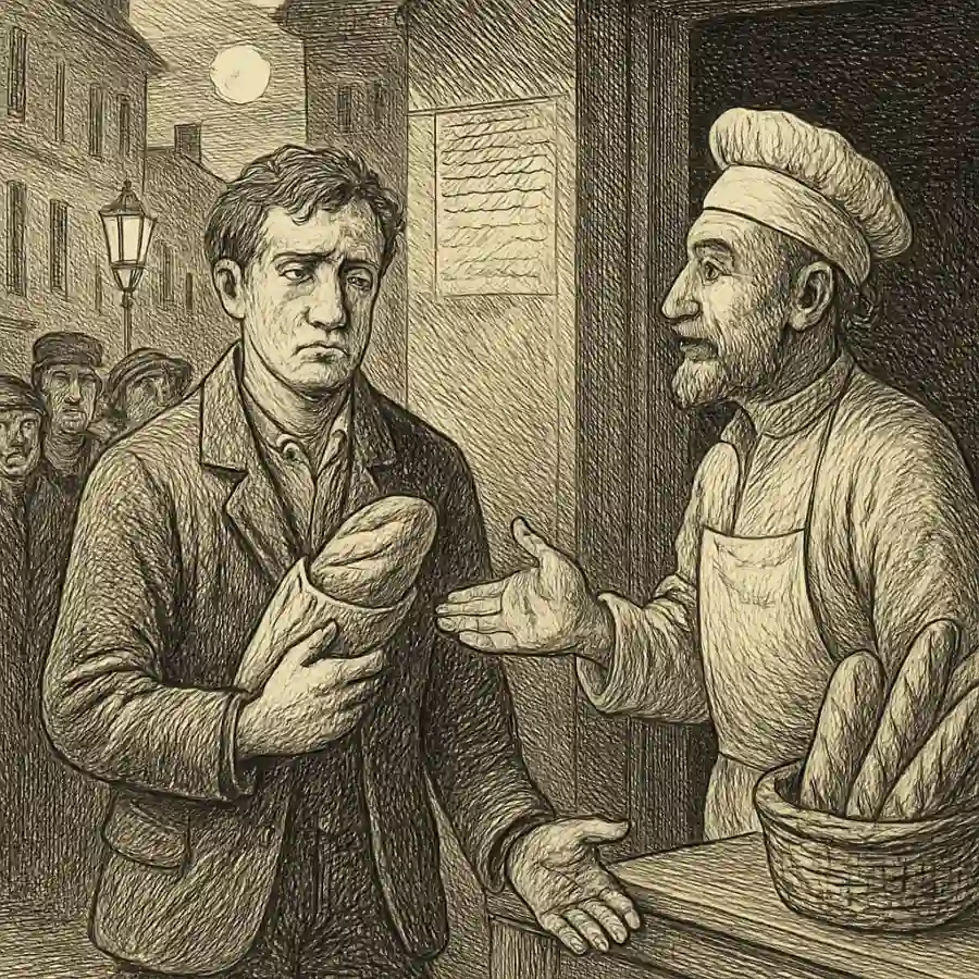 Ilustración en grabado sobre Me pasó comprando pan en la noche