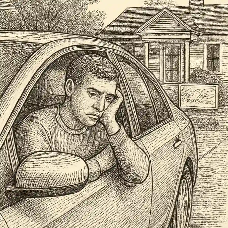 Me quedé en el carro porque no quería entrar todavía — ilustración Ilustración en grabado sobre Me quedé en el carro porque no quería entrar todavía