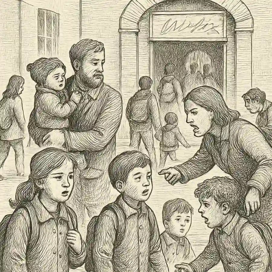 En la puerta del cole se nos ve bastante — ilustración Ilustración en grabado sobre En la puerta del cole se nos ve bastante