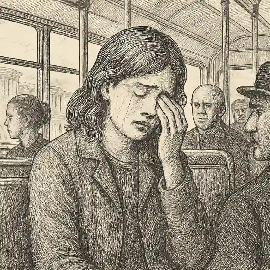 Me dio pena llorar delante de desconocidos — ilustración Ilustración en grabado sobre Me dio pena llorar delante de desconocidos
