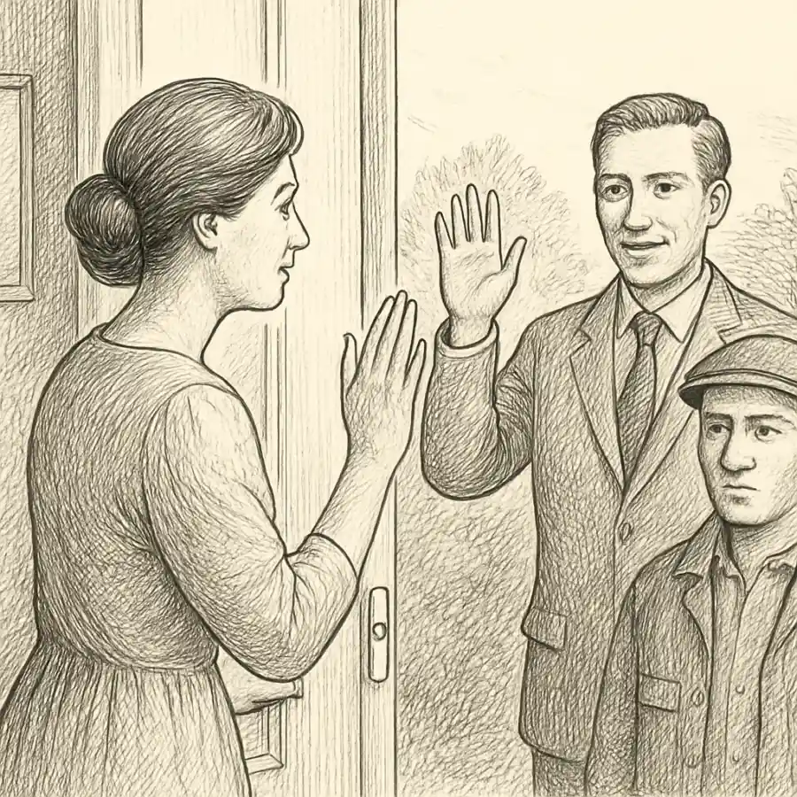 Ilustración en grabado sobre Saludamos distinto según quién toca el timbre