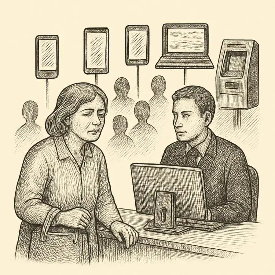 Ilustración en grabado sobre Se atiende menos cuando todo pide usuario