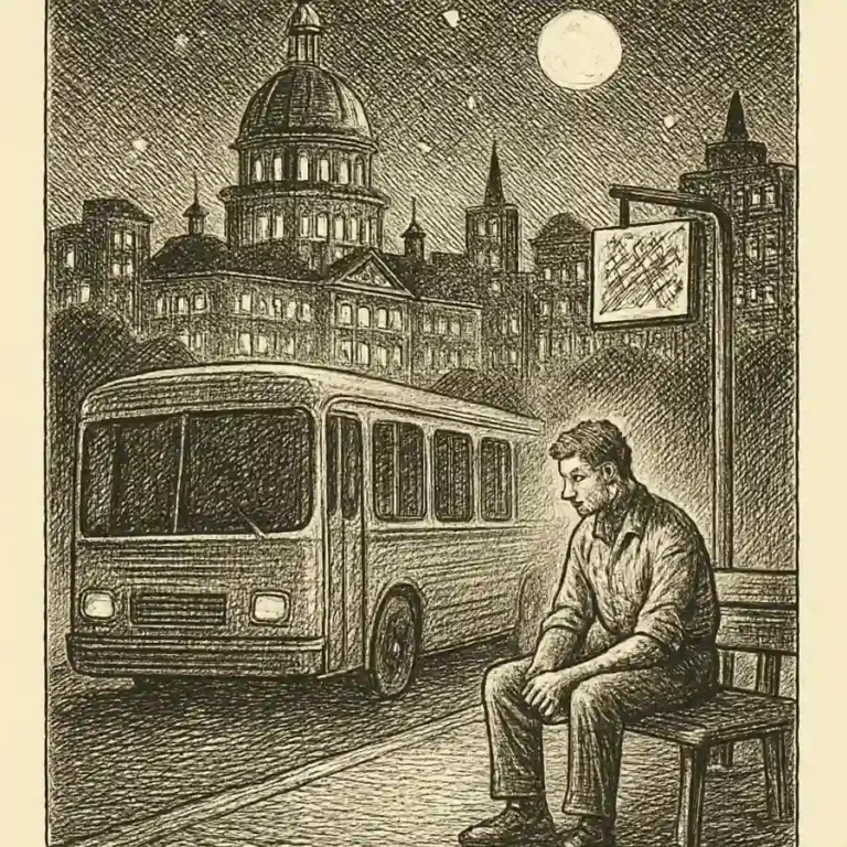 Ilustración en grabado sobre La ciudad presume de noche y apaga el autobús