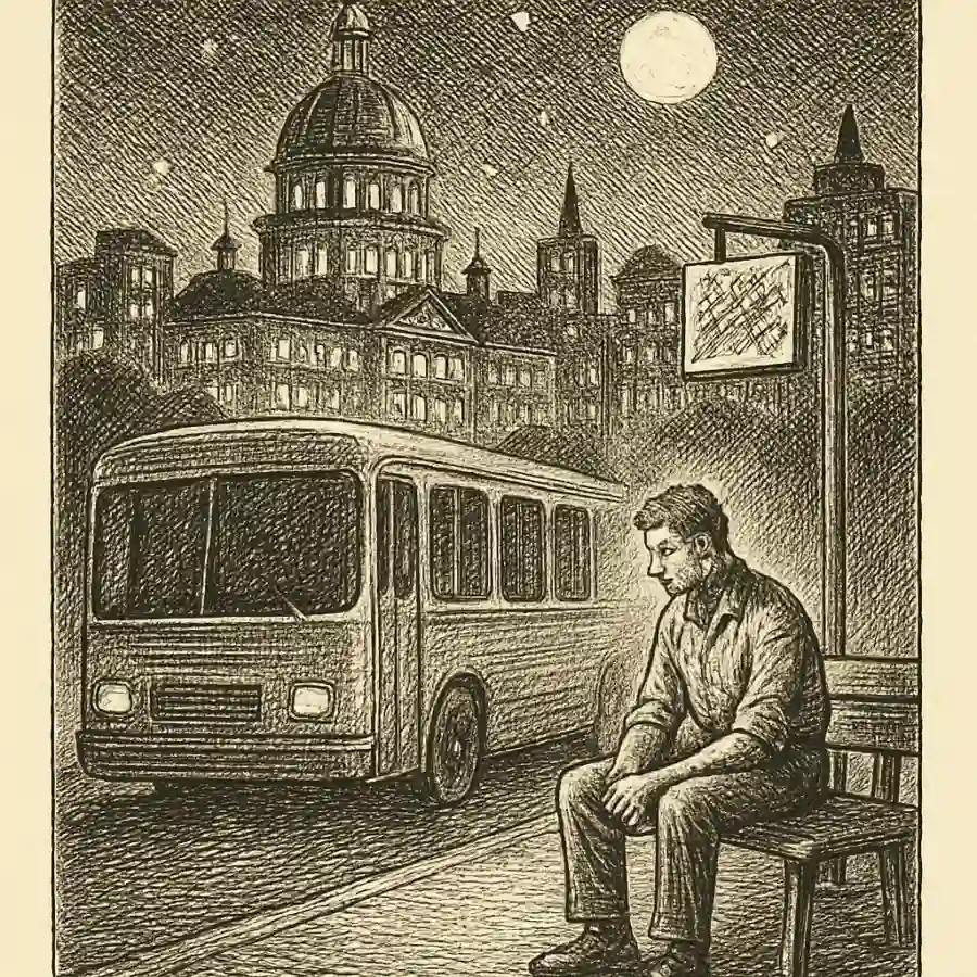 Ilustración en grabado sobre La ciudad presume de noche y apaga el autobús