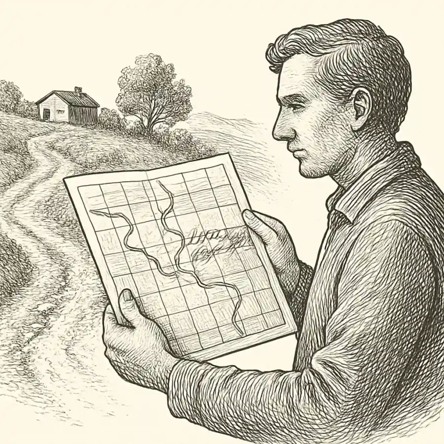 Ilustración en grabado sobre El mapa iguala lo que el camino separa