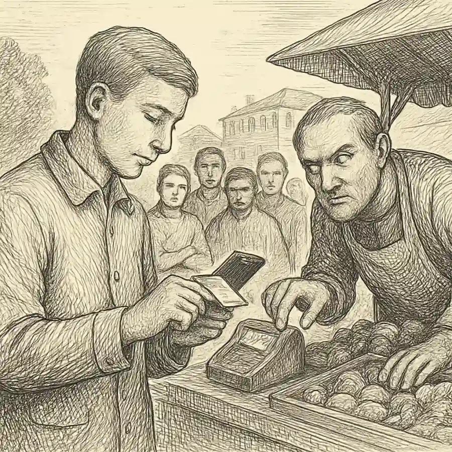 Ilustración en grabado sobre Pagar rápido y quedar bajo sospecha