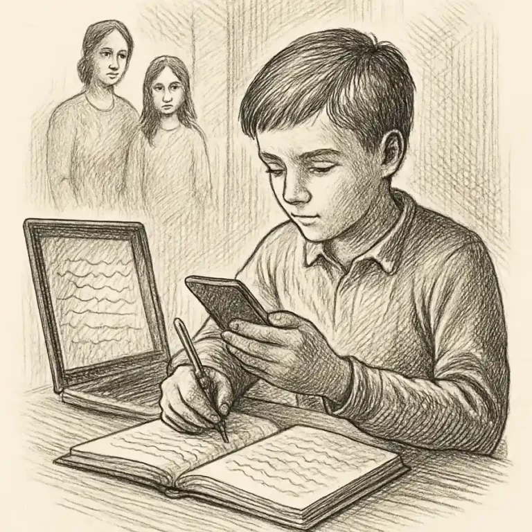 Ilustración en grabado sobre La escuela moderna en un teléfono prestado