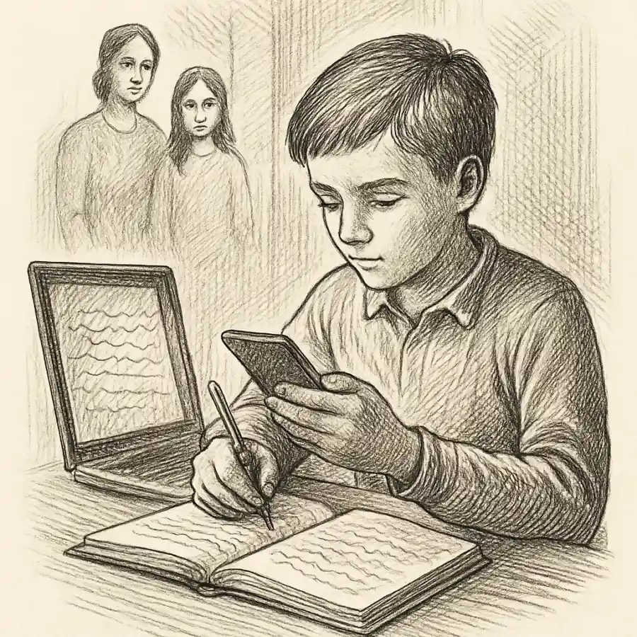 Ilustración en grabado sobre La escuela moderna en un teléfono prestado