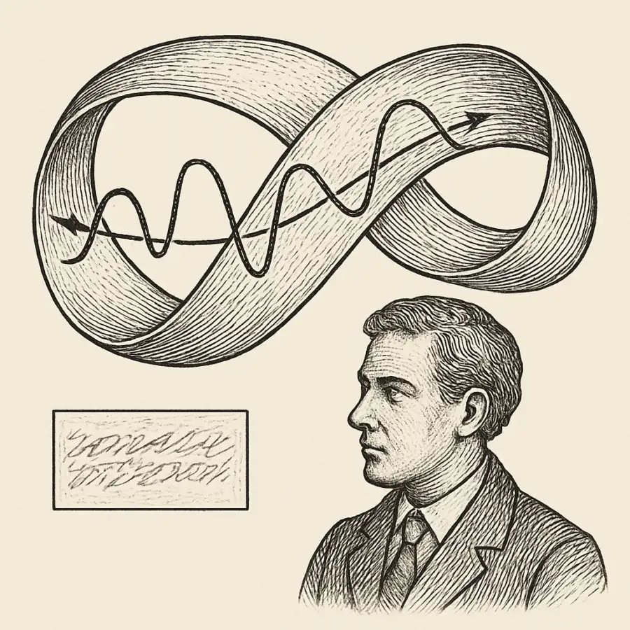 Ilustración en grabado sobre ¿Y si el entrelazamiento cuántico es solo una única onda continua interactuando con su propio pasado en una cinta de Möbius? (Experimento mental)