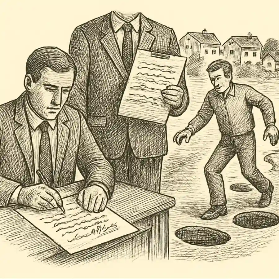 Ilustración en grabado sobre Firmar conformidad y seguir esquivando huecos