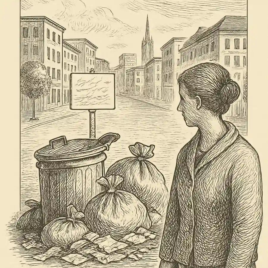 Ilustración en grabado sobre La ciudad exige limpieza y deja basura esperando