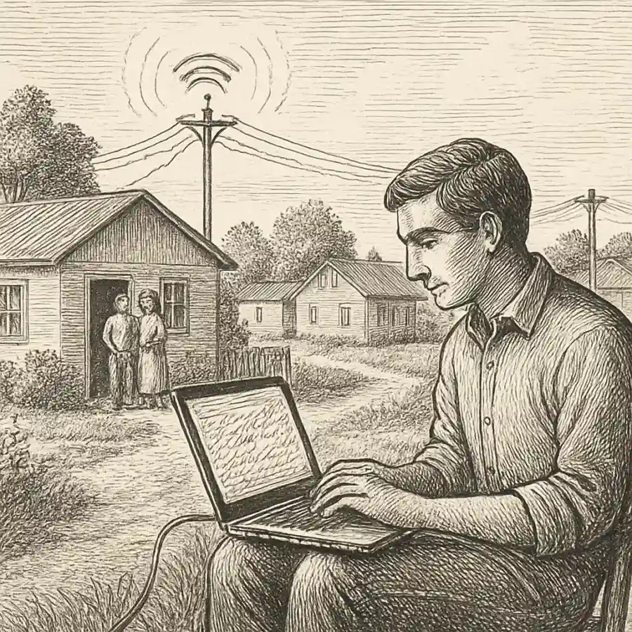 Ilustración en grabado sobre Internet para todos, techo de unos cuantos