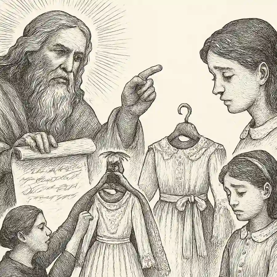 Ilustración en grabado sobre Dios mira el alma y nosotras alquilamos vestido