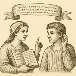 Ilustración en grabado sobre Todo el que habla enseña y todo el escucha aprende