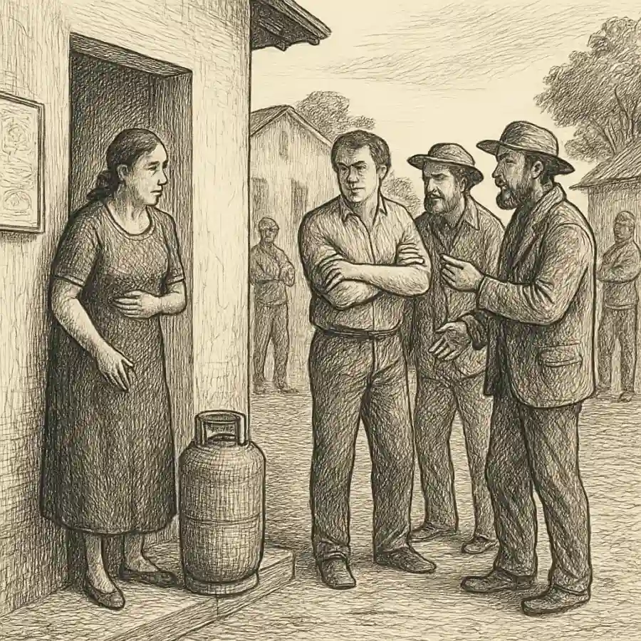 Ilustración en grabado sobre Se aprende a pedir gas sin incomodar