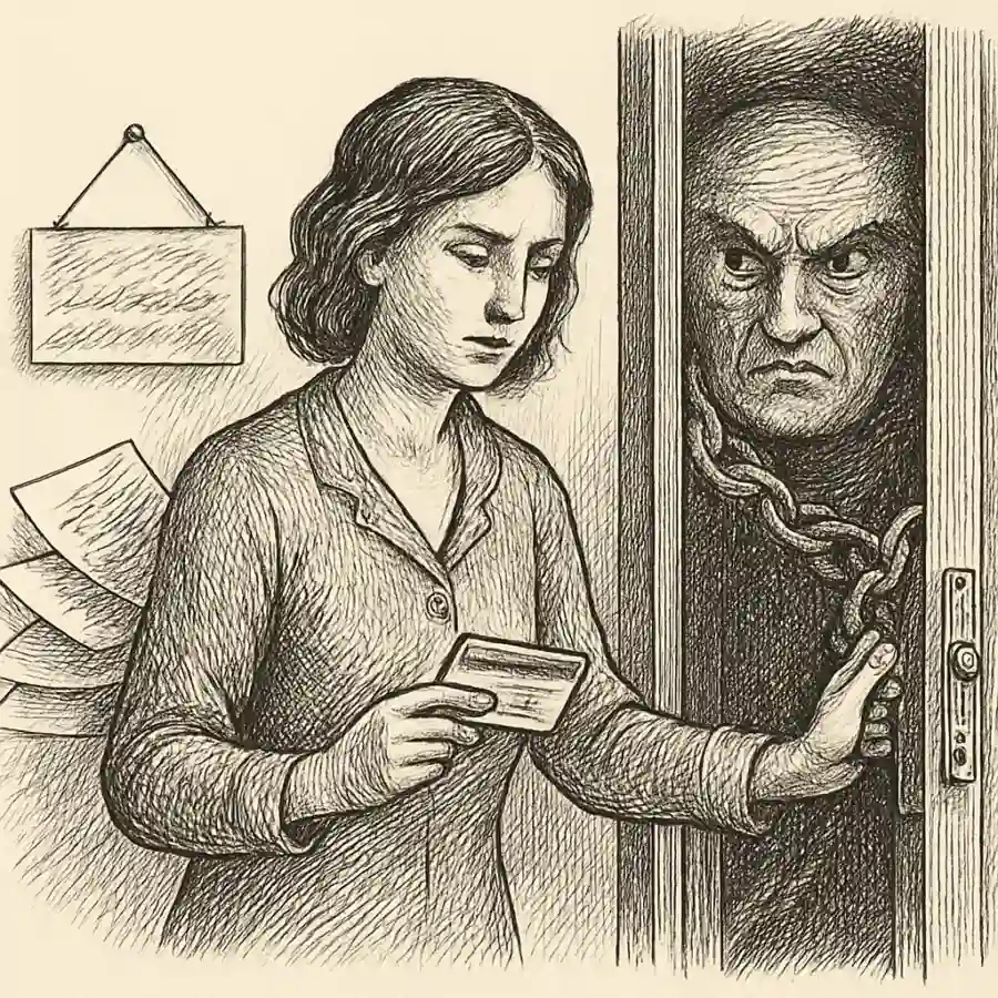 Ilustración en grabado sobre Abrir crédito y cerrar la puerta