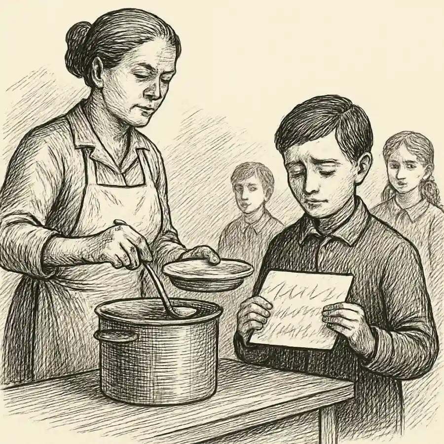 Ilustración en grabado sobre Alimentar estudiantes y cobrarles gratitud