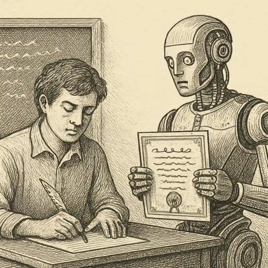 Ilustración en grabado sobre Exigir voz propia y premiar la máquina