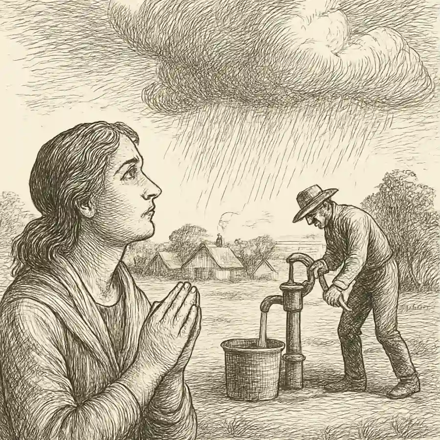 Ilustración en grabado sobre Pedir lluvia y bajar la bomba